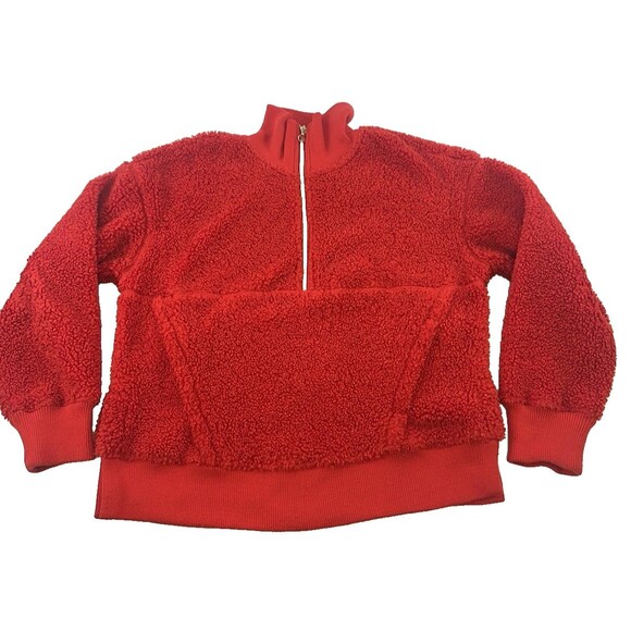 Joy Lab Red Sherpa Fleece Half Zip Pullover Cropped Pouch Pocket Plush Medium - Picture 1 of 14